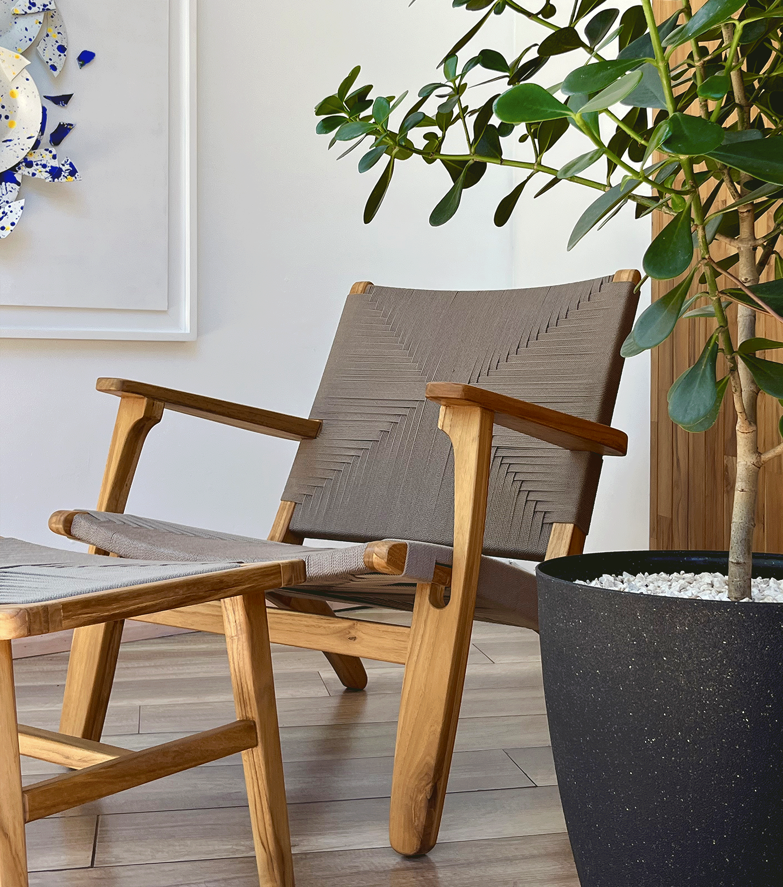 Masaya Armchair + Ottoman Taupe Cross Braided Cord Bundle